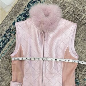 St. John FOX fur suede leather pink mettalic Satin lined Fur-Trimmed vest